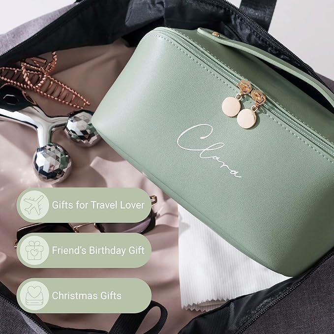 Personalized Travel Makeup Bag, Large Capacity Cosmetic Bags for Women, PU Leather Water-Resistant Portable Pouch Open Flat Toiletry Bag Make up Bag with Divider and Handle (Green)