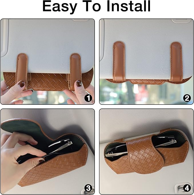 KINIVA Sunglasses Holder for Car Visor Leather Glasses Case with Clips for Car Visor Automotive Interior Visor Accessories Apply to All Car Models (09 Brown)