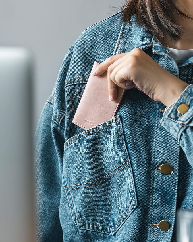 VULKIT Leather Business Card Holder 2 Sided Slim Business Name Card Organizer for Men or Women, Up to hold 20 cards (Vintage Rose)