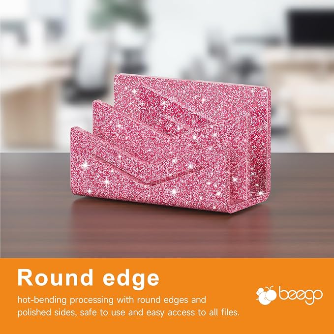 Beego Envelope and Mail Organizer Countertop - 2 Compartments Glitter Pink Acrylic Desk Organizer Letter Holder Desktop File Sorter Bill Document Folder Rack for Office, Home, School