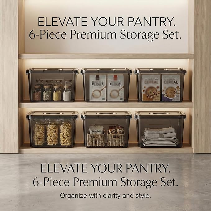 Stackable Plastic Black Storage Bins with Lids 6 Pack, 12 Quart Modular Organizer Boxes with Secure Latches for Closet, Pantry, Office and Small Item Storage