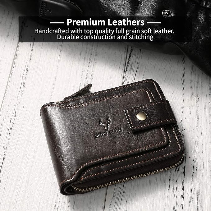 MING CLAN Leather RFID Blocking Bifold Wallet For Men With Zipper, Flap ID Window Zip Coin Pocket, Big Capacity Credit Card Holder For Travel