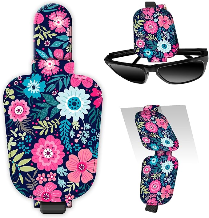 Leather Magnetic Sunglass Holder for Car Sun Visor, Cute Eyeglass Ticket Card Hanger Clip, Universal Auto Interior Accessories for SUV Pickup Truck Navy Floral