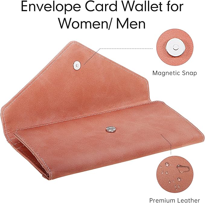 Women's Card Wallet Envelope Style Credit Card Holder, RFID Blocking, Vegan Leather, Coin Pocket, 2 ID Windows, Bean Pink