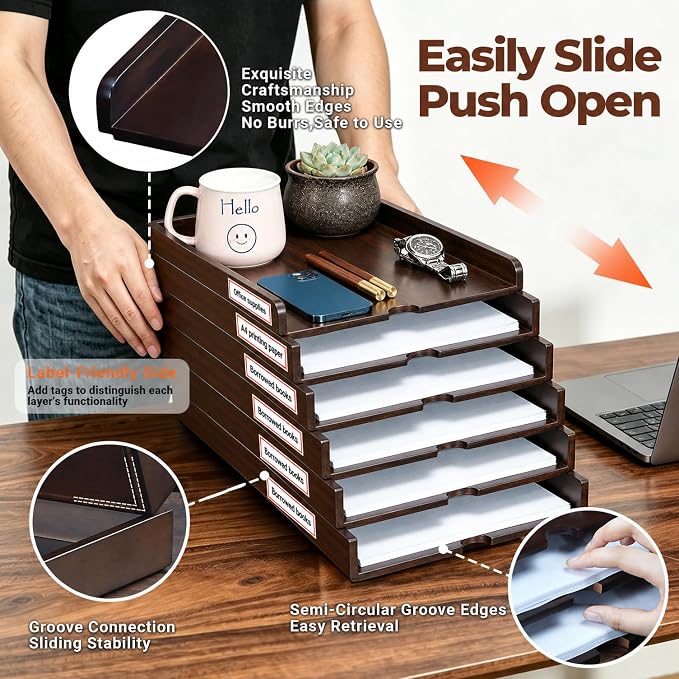 6 Tier Solid Wood Desktop File Organizer, Pull Out Stackable Paper Tray, Multi-use Desk Storage for A4 Documents, Folders, Mail, Bills, Tablet and Phone, Home Office Supplies Organizer