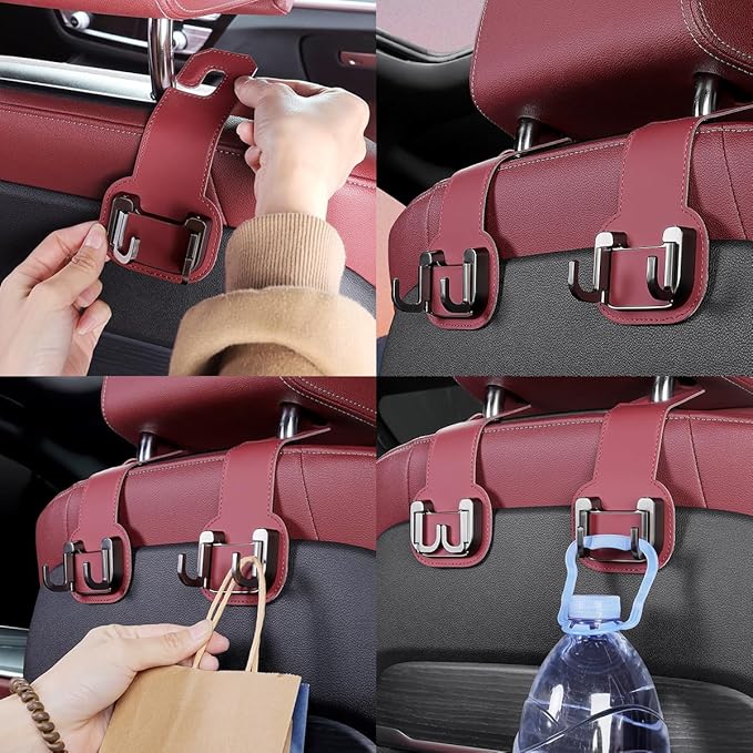 2PCS Car Seat Back Storage Hook, Foldable Metal Vehicle Headrest Dual Hook for Purses Handbags Groceries, Multifunctional Auto Interior Hanger Accessories, Universal Fit (Red)