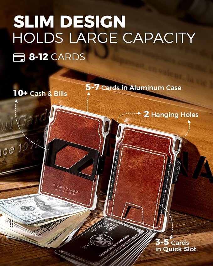 LORZOR Slim Tactical Wallet for Men- Minimalist Full Grain Leather Wallet for 10 Cards, RFID Blocking Aluminum Cardholder, Smart Pop Up Card Case, Front Pocket, Money Clip, Gift for Women Men