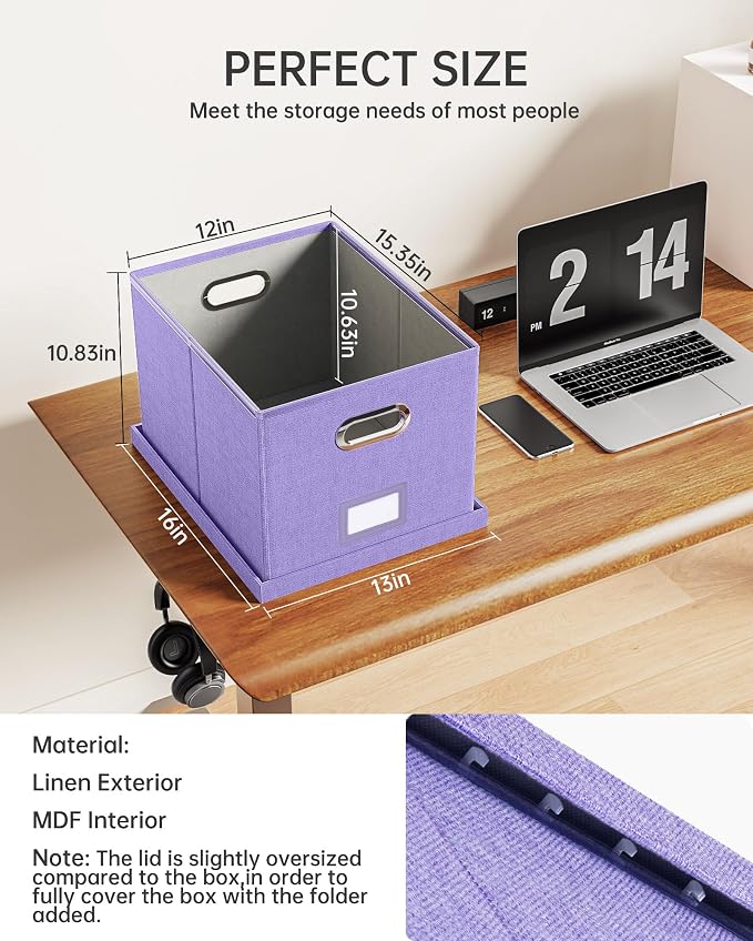 Oterri 2 Pack File Storage Organizer, Filing Box, Portable File Box with Lid, Fit for Letter/Legal File Folder Storage, Document Organizer, Lavender