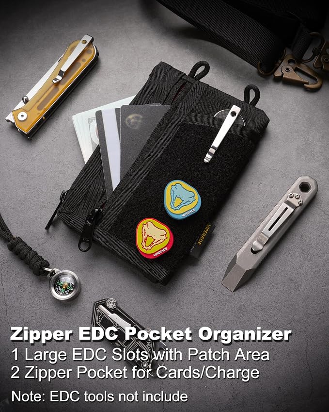 VIPERADE VE38 EDC Pocket Organizer, Slim EDC Wallet with 2 Zipper Pockets, EDC Pouch - 3 EDC Slots with 1 Larger Pocket for Flashlight, Multitool, Pen, Notebook