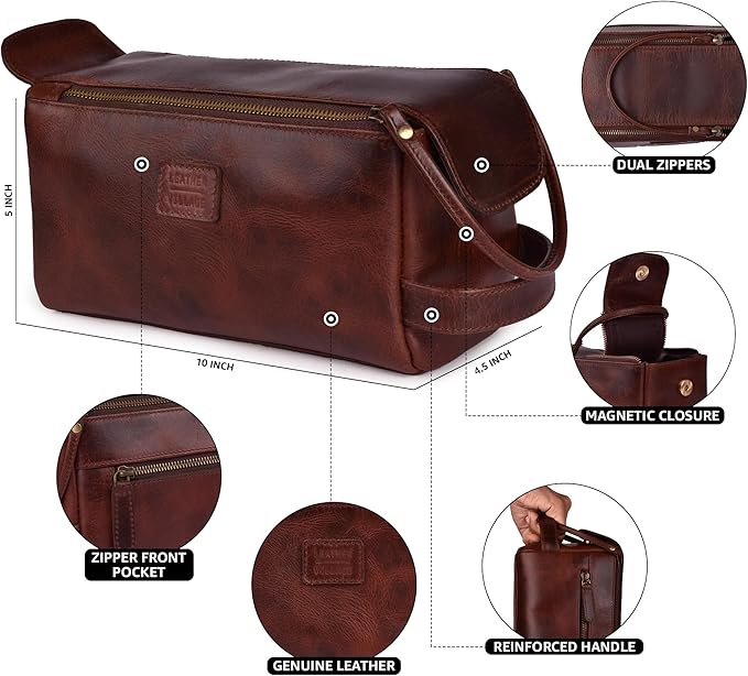 LEATHER VILLAGE Genuine Leather Travel Toiletry Bag - Water-Resistant Dopp Kit for Toiletries, Large Shaving Bag & Bathroom Organizer - Gift for Men & Women - Cherry Brown