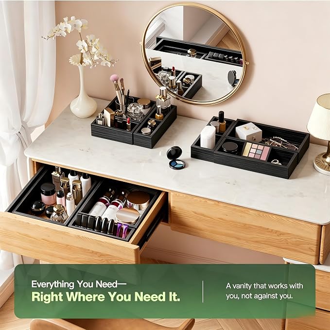 9-Pack Solid Wood Junk Drawer Organizer, Modular Desk Drawer Tray & Accessories with Non-Slip Pad, Multi-Use for Kitchen, Office, Bedroom Dresser, Utensil, Makeup, Stationery, Tea Bags & Coffee Pod