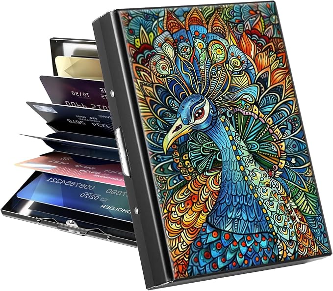 Metal Wallet for Women Men Girls, RFID Blocking Slim Aluminum Credit Card Holder, Mini Travel Wallet with Hard Shell, Lightweight ID & Business Card Case,Art Peacock