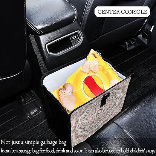 Boho Mandala Pink Car Trash Can, Foldable Hanging Car Trash Bag, Small Waterproof Car Accessories Garbage Bin