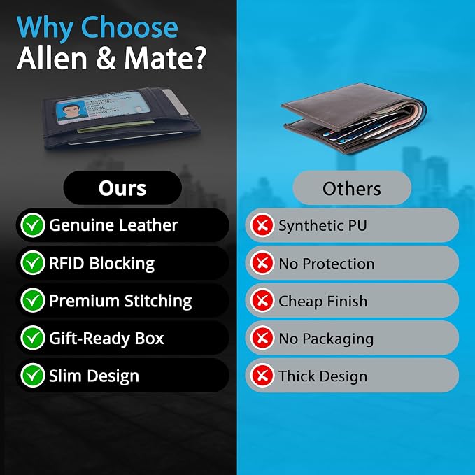 ALLEN & MATE 100% Genuine Leather Slim Minimalist wallet RFID Blocking Card Holder Wallets for Men & Women - Holds 7 Cards, ID & Cash with Gift Box (Black)