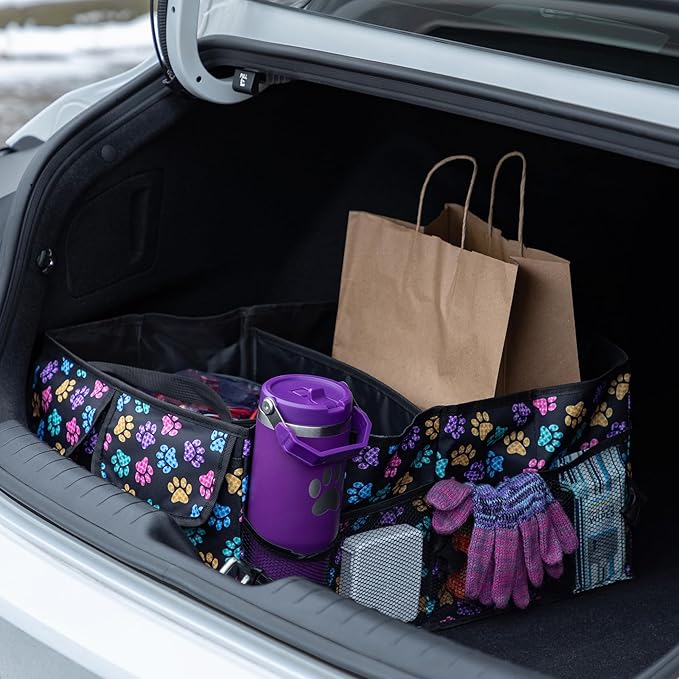 GreaterGood Collapsible Paw Print Car Trunk Organizer with 6 Pockets Truck SUV and Sedan Caddy With Compartment Vehicle Storage Container (Argyle Paws)