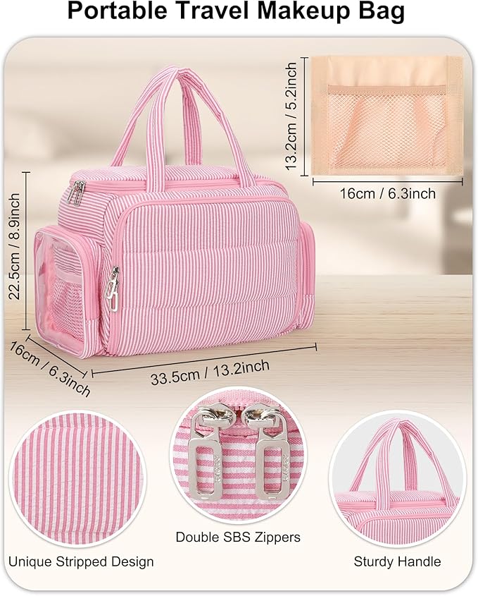 Travel Makeup Bag, Lightweight Wide-open Toiletries Bag for Women, Large Cosmetic Organizer Bag with Makeup Brushes Compartment for Travel-Sized Essentials for Trip, Camping - Pink Strip