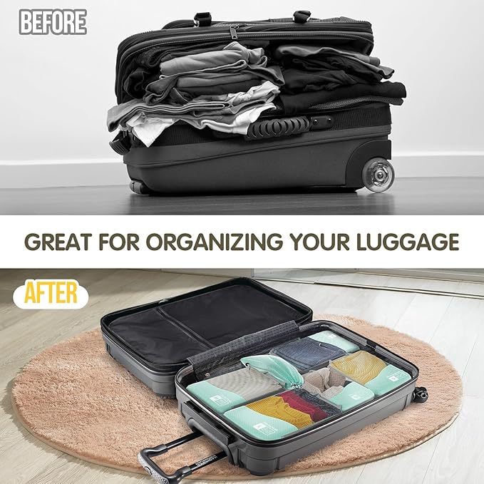 Compression Packing Cubes 8 Set, Dual Zipper Compression Packing Cubes for Travel, See-Through Mesh Packing Bags for Suitcases, Compression Cubes with Shoe Bag
