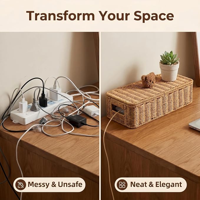 Cable Management Box,Handmade Rattan Cable Organizer, Open Slots Cords Hider Box Cord Basket Under Desk Cord Organizer for Computer Router USB Hub & Power Strip(Large Size 14")