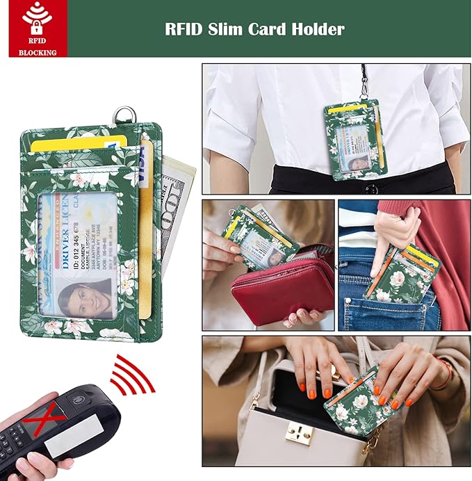 Coco Rossi Slim Front Pocket Wallet RFID ID Card Holder Cute Small Wallet with Wrist Lanyards Key Chain Holder for Women,Alpine Green