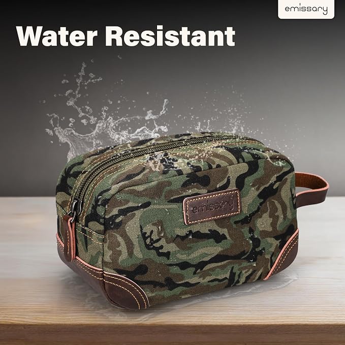 emissary Men's Canvas Travel Toiletry Bag, Leather Dopp Kit - Camo Green | Durable canvas & PU leather, water-resistant lining, side handle; roomy men's Dopp kit for travel & gym