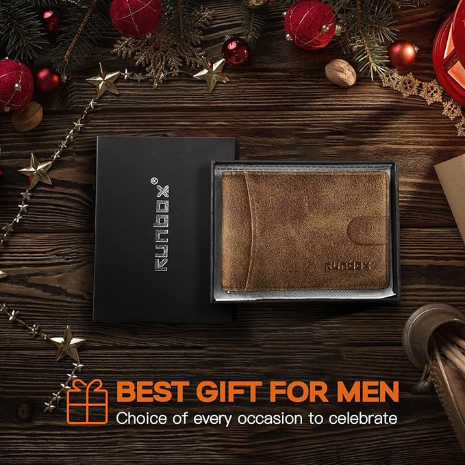 RUNBOX Slim Wallet for Men Genuine Leather RFID Blocking Bifold Minimalist Front Pocket Mens Wallet with Money Clip Thin Gift Box