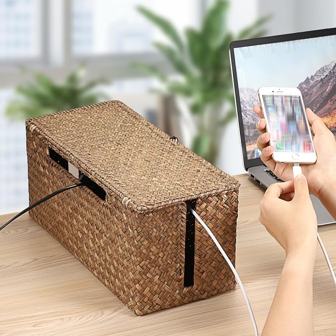BTSKY Woven Cable Management Box with Lid, Seagrass Cord Organizer with 2 Open Slots for Power Strips & USB Hubs, Under Desk Cord Hider Box for Home Office, Pet Proofing Wire Basket, Large