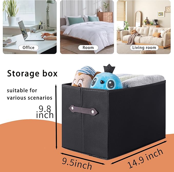 3 Pack Large Collapsible Storage Baskets for Shelves,14.9"x9.5" Fabric Closet storage Boxes with Leather Handles,Decorative Organizers Storage Bins for Clothes,Sheets,Toys,Books,(Black)