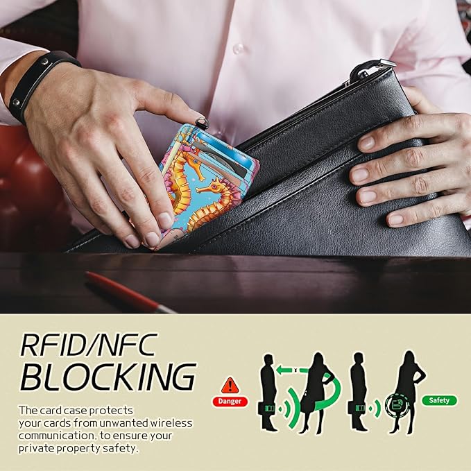 Small Travel Wallets, Seahorse Slim Minimalist Front Pocket Wallet with Wristlet, RFID Blocking PU Leather Credit Card Holder with ID Window Change Purse for Men Women