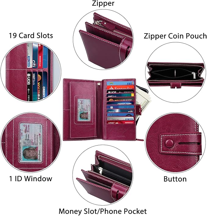FT FUNTOR Women's Big Fat RFID Blocking Wallet Leather Zip Around Clutch Large Phone Organizer Wristlet