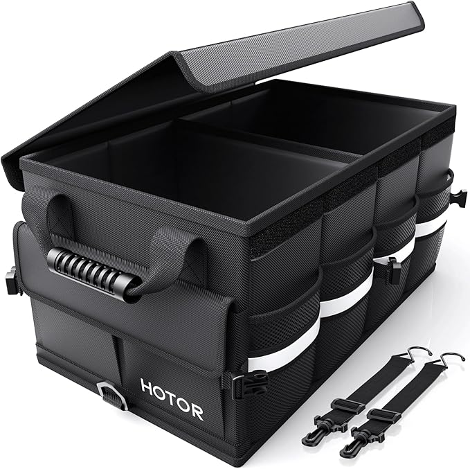 HOTOR Car Trunk Organizer - Foldable Trunk Organizer for SUV, Car Storage with Reflective Strips & Securing Cover, Large Capacity Car Accessories for Truck, Van & Sedan, Black, 24.4" x 13.8" x 11.0"