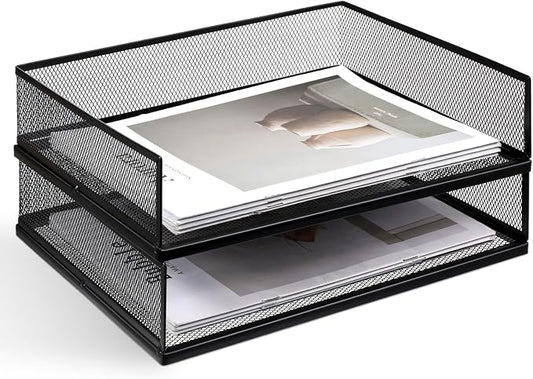 2 Pack Stackable Letter Tray, Wire Mesh Desk File Organizer Metal Desktop Paper Sorter Desk Tray Document Magazine Storage Basket for Home Office Supplies - Transverse Load, Black