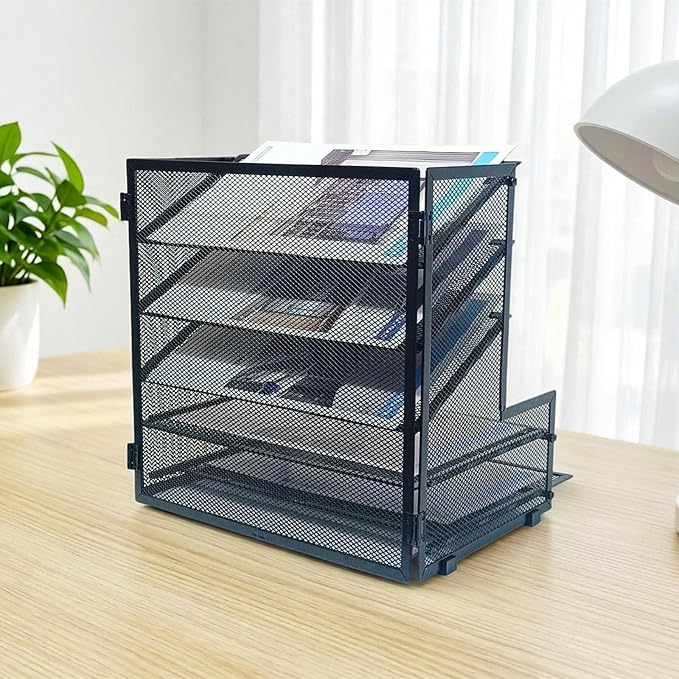 SETTFRFE Metal Desktop File Holder Organizer with 5 Tier Paper Tray, Office Supplies Desk Organizer, Black