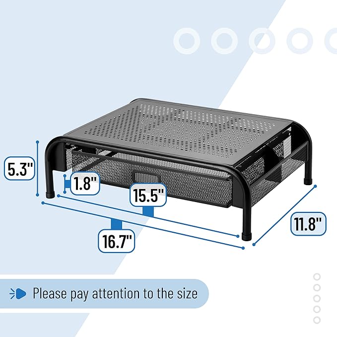 Mr. Pen- Metal Mesh Monitor Stand With Drawer, Computer Stand for Desk With Storage, Desktop Riser
