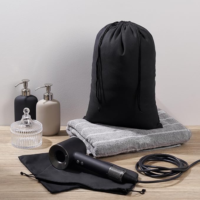 Premium Microfiber Drawstring Bags (Set of 5) – Multipurpose Travel Storage Pouches for Cords, Toiletries, Jewelry, Shoes – Durable Organizer with Strong Drawstring Closure (Black, 9 x 12 Inches)