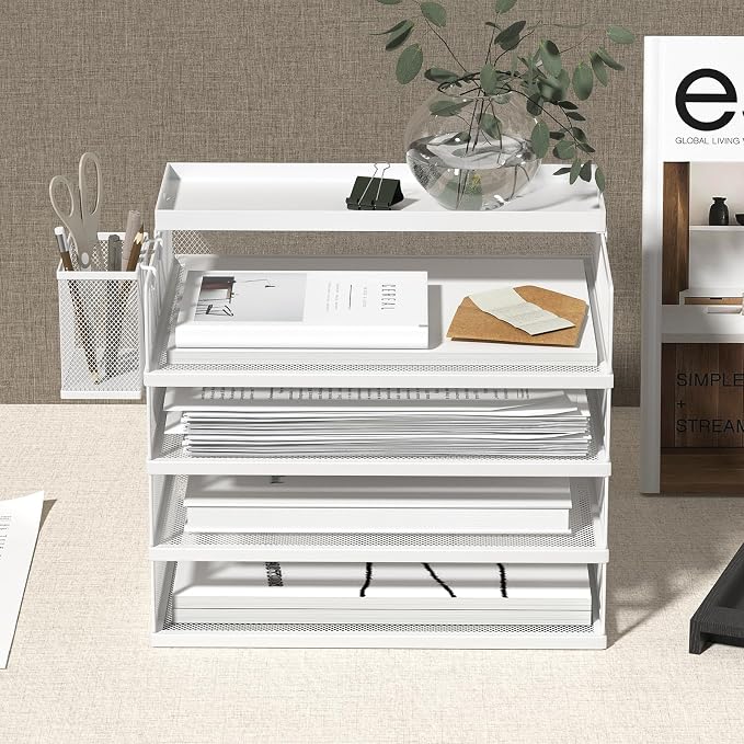 FANXIYQ Metal Stackable Letter Trays, 4-Tier Desk Organizer & Paper Trays for Office, Stackable File & Document Tray with Magnetic Labels,White