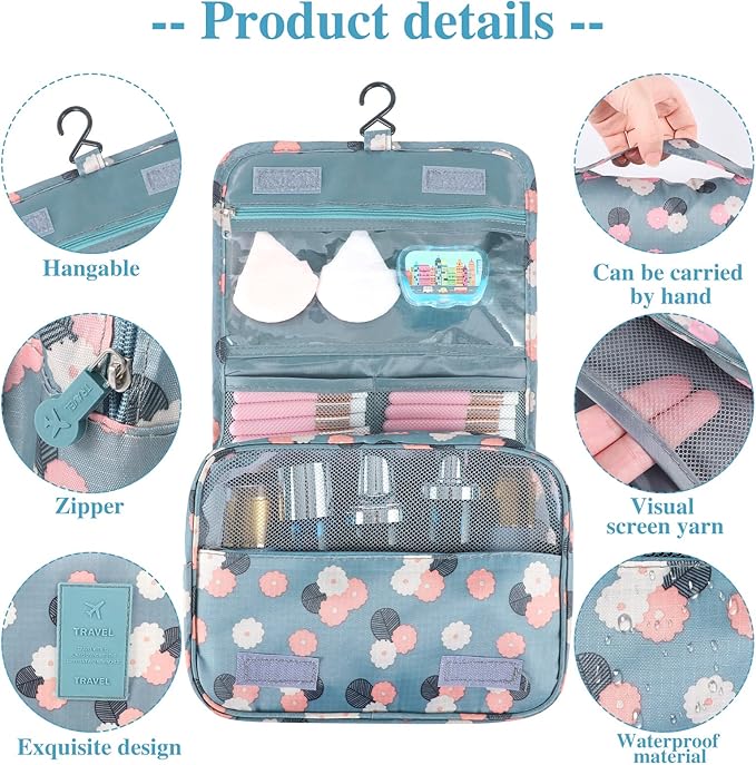 Pengxiaomei Hanging Toiletry Bag, White & Pink Little Flowers Waterproof Cosmetic Bag Portable Travel Makeup Pouch Wash Bag with Handle for Kids Girls Mothers Day Gifts