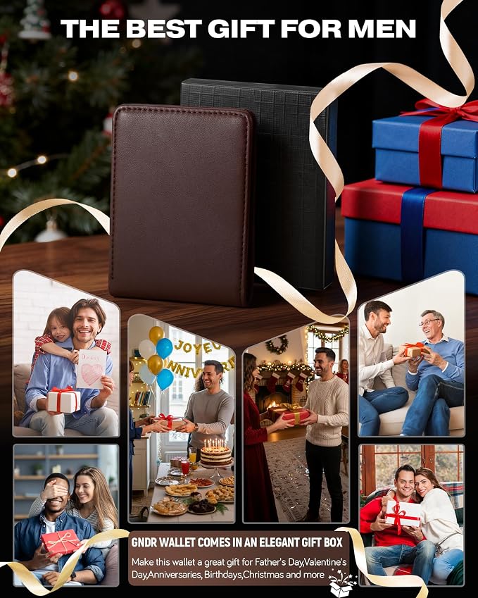 GNDR Wallet For Men Bifold Brown RFID Blocking Slim Faux Leather Wallets Card Holder Front Pocket Minimalist Men Accessories With Gift Box