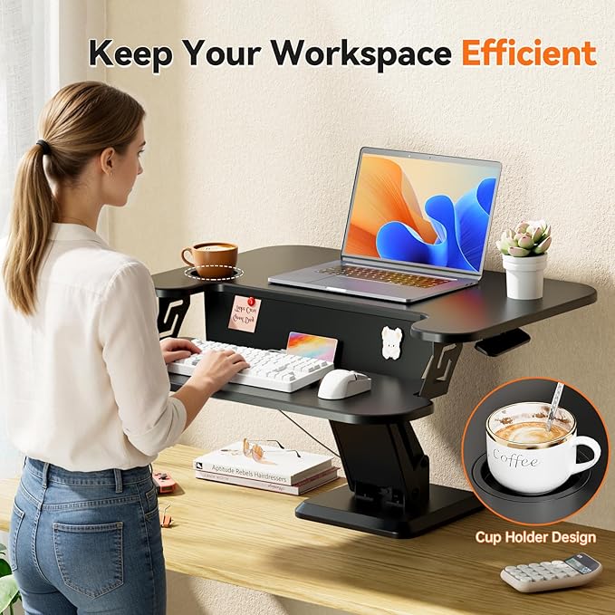 28" Standing Desk Converter, Height Adjustable Clamp Desktop Riser with Keyboard Tray, Sit Stand Monitor Riser Workstation for Home Office, Magnets Inclued, Black
