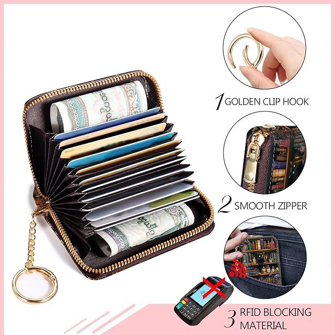 Blusabaca Bookshelf and Cat Credit Card Holder for Women, Small RFID Wallet with Zipper, Card Keychain Wallet, Leather Wallet Card Case, Business Blocking Accordion Wallet Gift