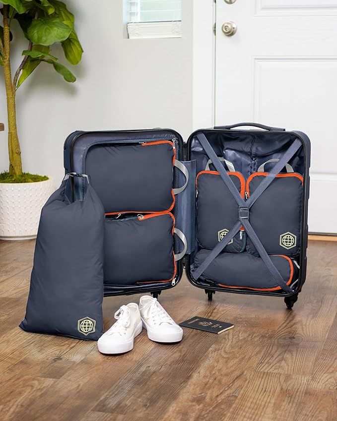 Compression Packing Cubes for Travel, 6-Piece Lightweight Packing Cubes Set for Carry-On Luggage & Backpacks – TRIPPED Travel Gear (Grey and Orange)