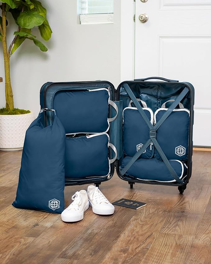 Compression Packing Cubes for Travel, 6-Piece Lightweight Packing Cubes Set for Carry-On Luggage & Backpacks – TRIPPED Travel Gear (Navy Blue and White)