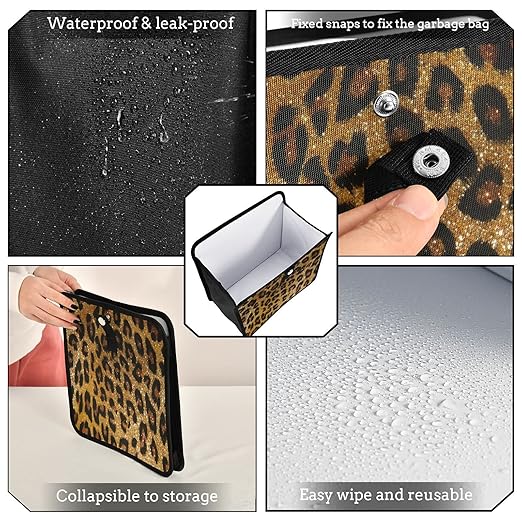 Brown Leopard Cheetah Print Car Trash Can Foldable Hanging Car Trash Bag Bin Golden Glitter Animal Skin Auto Garbage Can Leak-Proof Car Organizer(Large)