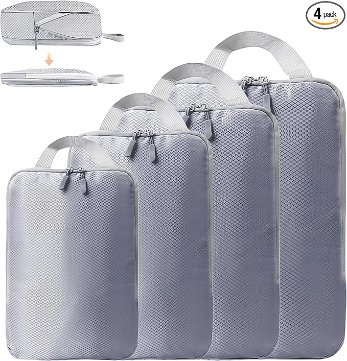 4 Set Compression Packing Cubes for Suitcase - Space-Saving Luggage Organizer Bags, Lightweight Travel Essentials for Efficient Packing (Grey)