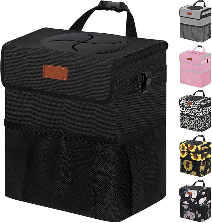 Vankor 4.2 Gallons Car Trash Can with Lid, Bag Bin Hanging Waterproof Automotive Car Garbage Cans Leak Proof Vehicle Trash Can for Truck SUV,Black