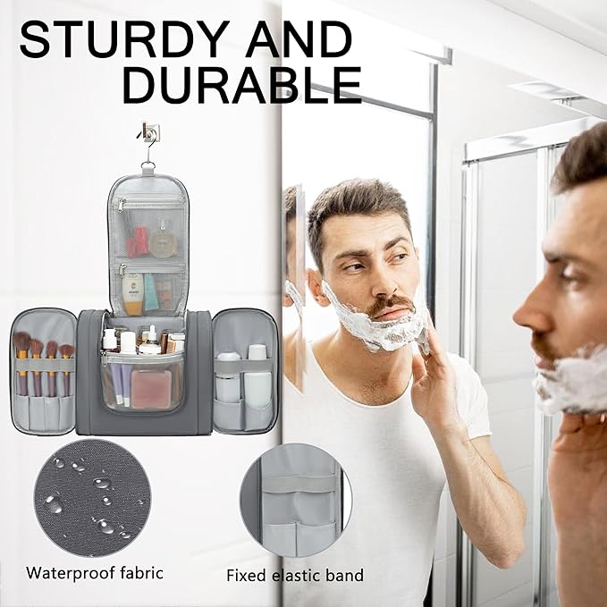 Hanging Travel Toiletry Bag for Men and Women with Metal Swivel Hook, Large Travel Makeup Organizer for Full Sized Cosmetics and Toiletries, Water-Resistant Bathroom Toiletry Bags, Grey