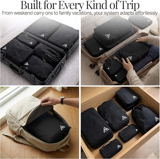 Well Traveled 8 pcs Compression Packing Bags Cubes Set with HybridMax Double-Capacity Design - Packing Cubes for Travel Compression to Maximize Limited Luggage Space, Black