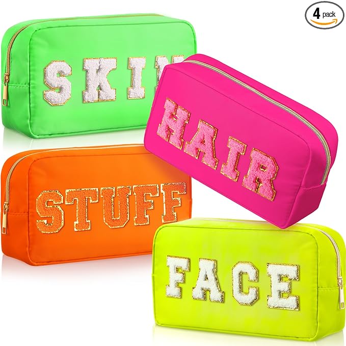Remerry 4 PCS Nylon Cosmetic Bags Waterproof Spacious Travel Makeup Organizer for Women Chenille Letter Preppy Zipper Pouch Face Stuff Skin Hair Organizer Gift(Fluorescent Colors)