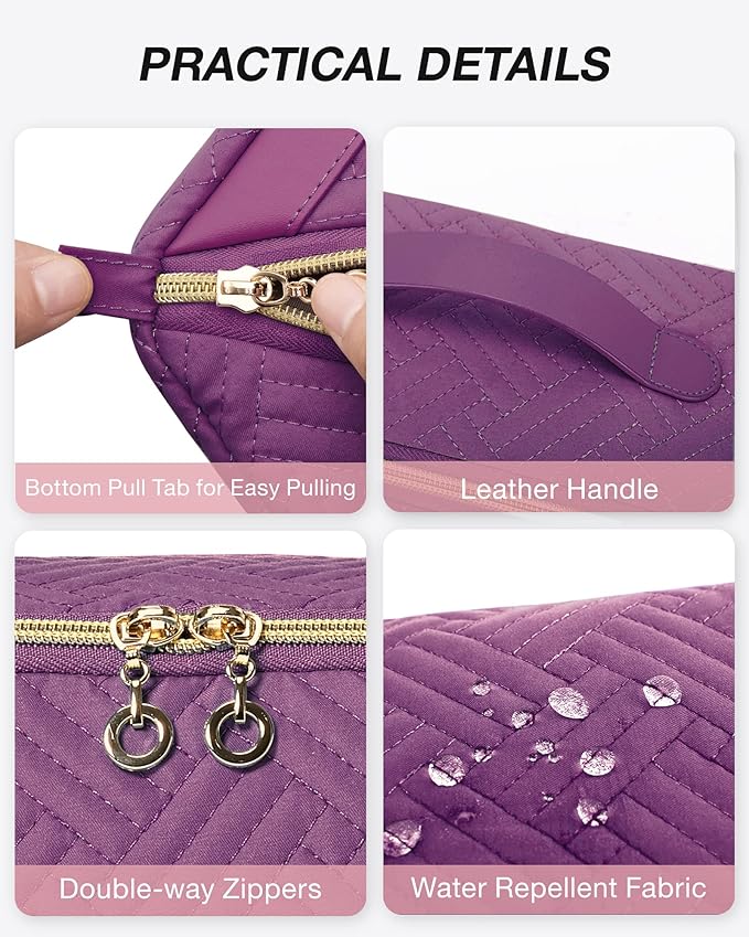 BAGSMART Makeup Bag Cosmetic Bag, Travel Makeup Bag,Water-resistent Makeup Bags for Women Portable Pouch Open Flat Make Up Organizer Bag for Toiletries, Brushes, Purple