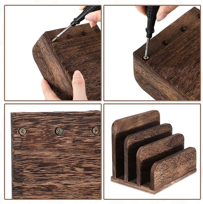 Briwooody Wooden Mail Organizer 3 Slots Mail Holder for Desk Wood File Paper Letter Holder for Letter Envelope Filing Cell Phone Document Storage, Organizer Tray for Office and Home(Dark Brown)