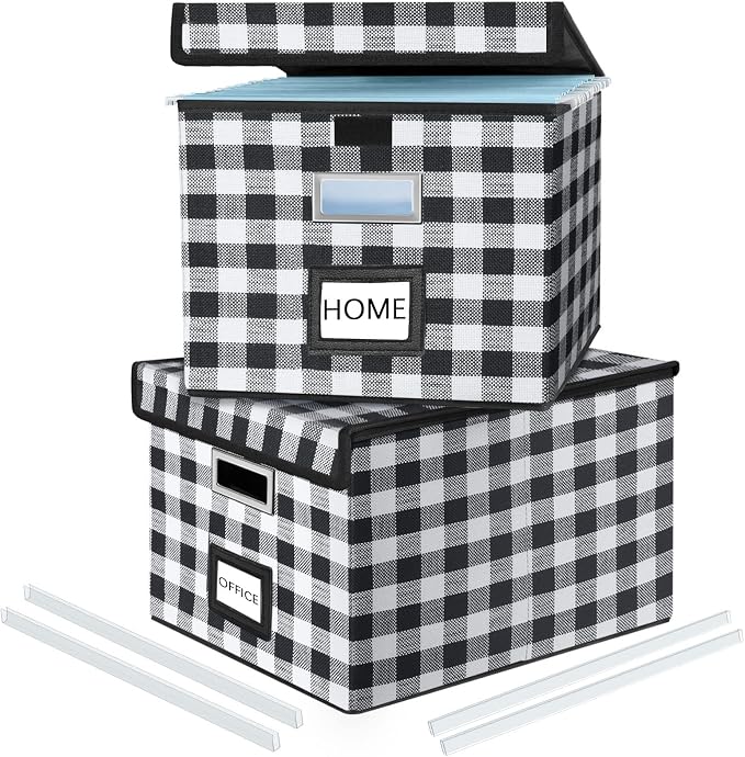 Decorative Collapsible File Storage Organizer Boxes with Lids, Hanging Filing & Storage Boxes for Office/Decor/Home, Filing System for File and Folders Storag - (Black & White Lattice)